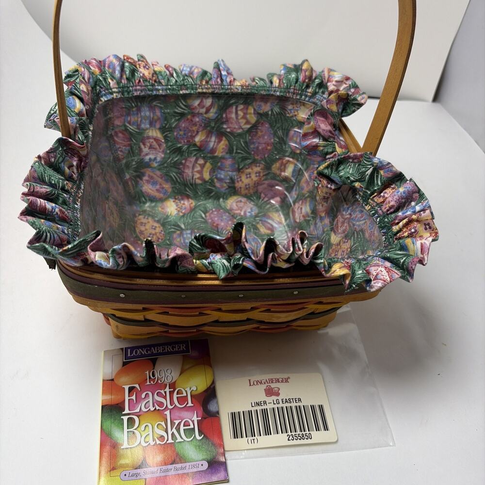Longaberger 1998 Vintage Stained Easter Basket~Liner~Protector~Card 13th Edition